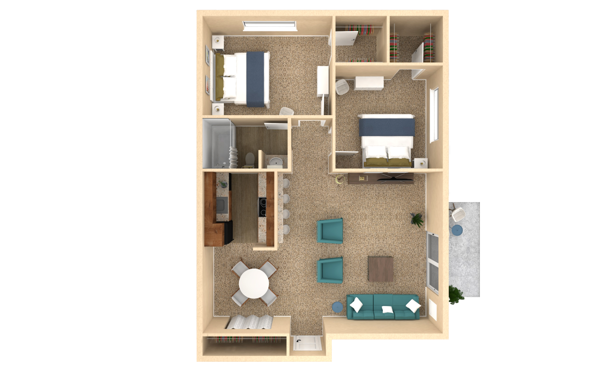 Floor plan for 2 beds, 1 bath, 932 sqft